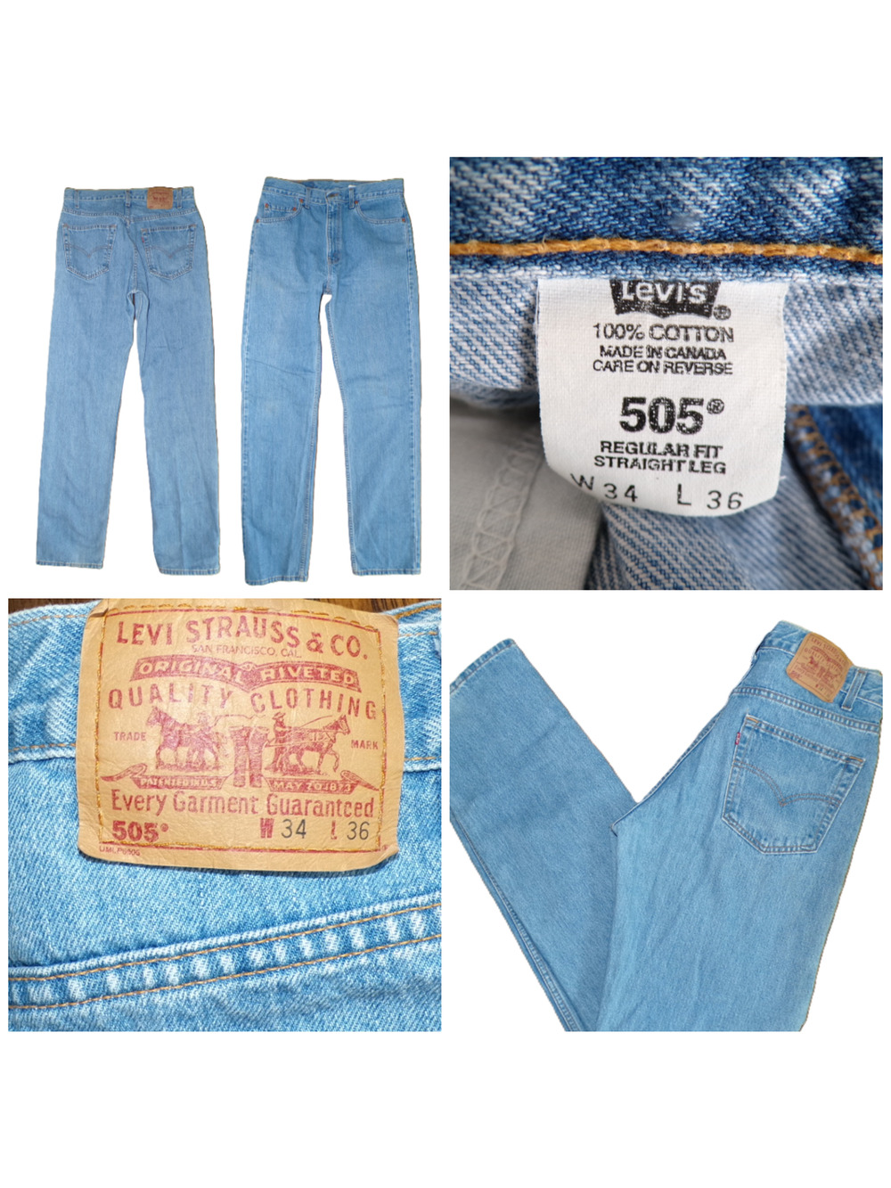 Vtg 90s Levi's Jeans 505 34 x 36 act 32x35.5 Regular Straight Canada Light Wash